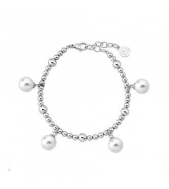 Brazalete de 19/24cm en acero rodiado, 10mm perlas redondas blancas