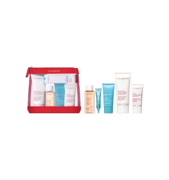 CLARINS Clarins Travel 80105496 SET 1 PC Head-To-Toe Moisturizing Essentials Set cont.: Moisture-Rich Body Lotion 100 ml + Cleansing Micellar Water 50 ml + Hydra-Essentiel Hydrating Cream 30 ml + Hand & Nail Treatment Cream 30 ml + Total Eye Blue Gel 7 ml