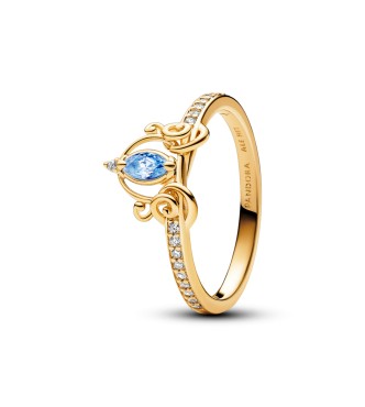 163059C01-60 Disney Cinderella 14k gold-plated ring with clear and fancy light blue cubic zirconia