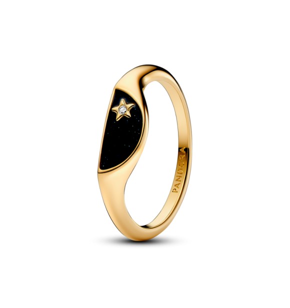 163325C01-52 Halved signet 14k gold-plated ring with clear cubic zirconia and glittery black enamel