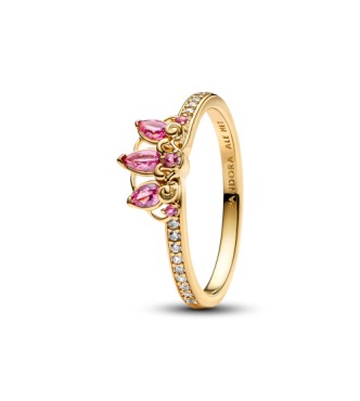 163651C01-58 Disney Rapunzel 14k gold-plated tiara ring with phlox pink crystal and clear cubic zirconia