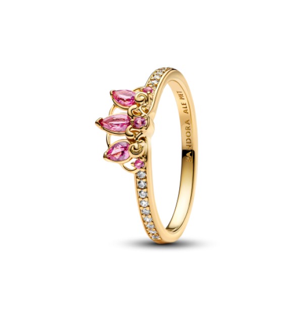 163651C01-52 Disney Rapunzel 14k gold-plated tiara ring with phlox pink crystal and clear cubic zirconia