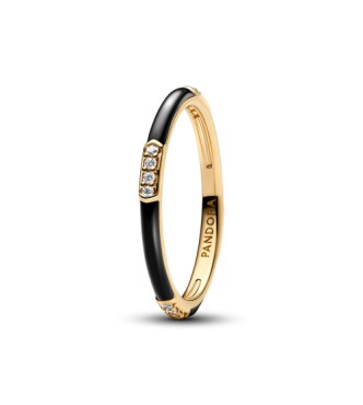 163686C01-52 14k Gold-plated ring with clear cubic zirconia and black enamel