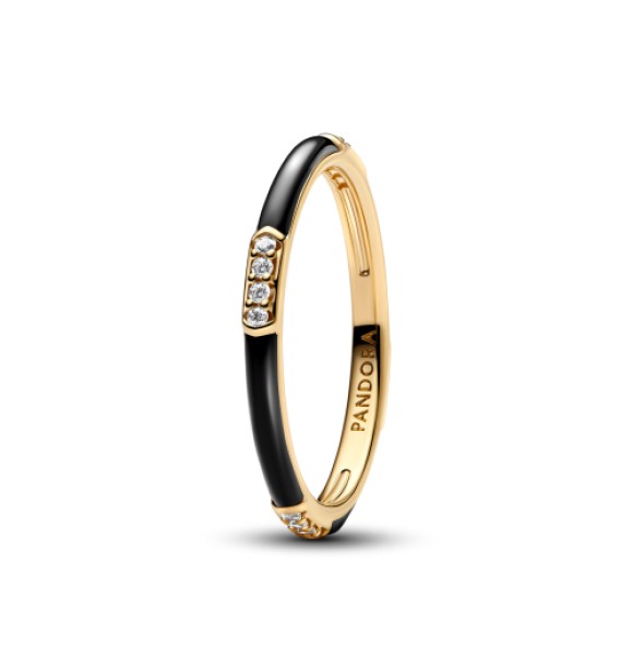 163686C01-54 14k Gold-plated ring with clear cubic zirconia and black enamel