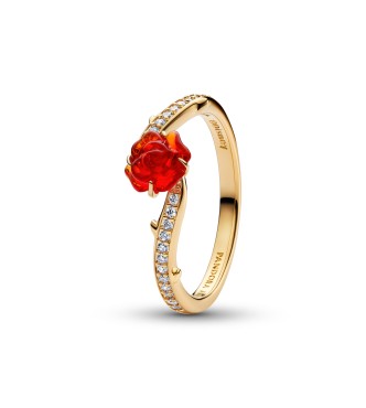 163984C01-54 Disney Beauty and The Beast Rose 14k gold-plated ring with clear cubic zirconia and red Murano glass