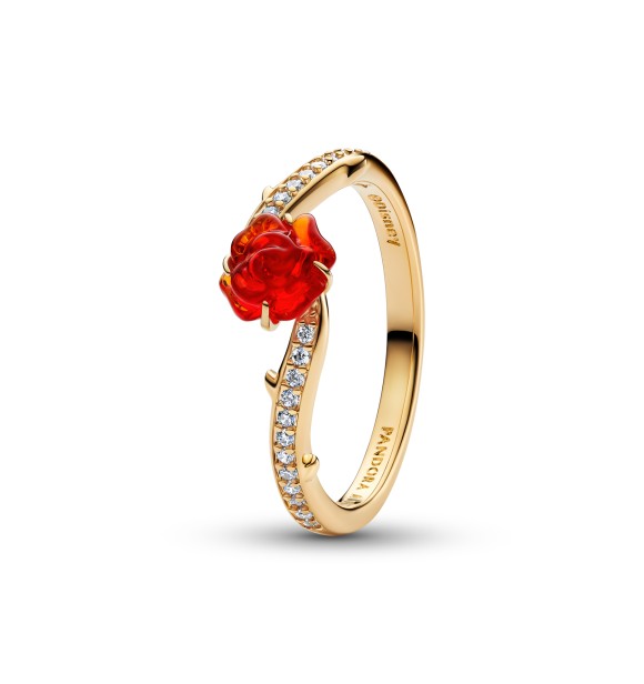 163984C01-50 Disney Beauty and The Beast Rose 14k gold-plated ring with clear cubic zirconia and red Murano glass
