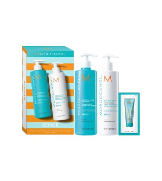 Specially sized moisture-balancing Shampoo & Conditioner infused with argan oil and featuring the Moroccanoil signature scent. This duo includes Moisture Repair Shampoo (500ml) to gently cleanse,
 Moisture Repair Conditioner (500ml) to detangle and nouri