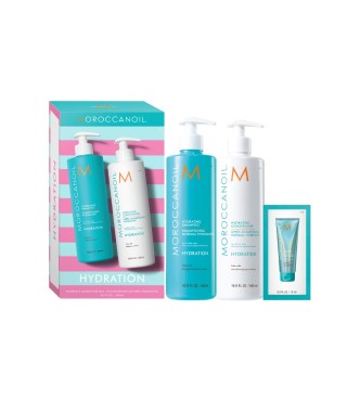 Specially sized moisture-boosting Shampoo & Conditioner infused with argan oil and featuring the Moroccanoil signature scent. This duo includes Hydrating Shampoo (500ml) to gently cleanse,
 Hydrating Conditioner (500ml) to detangle and nourish, and aHigh