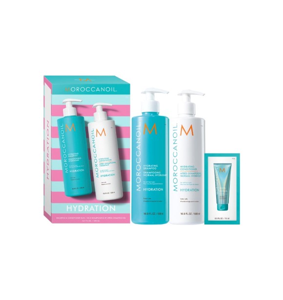Specially sized moisture-boosting Shampoo & Conditioner infused with argan oil and featuring the Moroccanoil signature scent. This duo includes Hydrating Shampoo (500ml) to gently cleanse,
 Hydrating Conditioner (500ml) to detangle and nourish, and aHigh