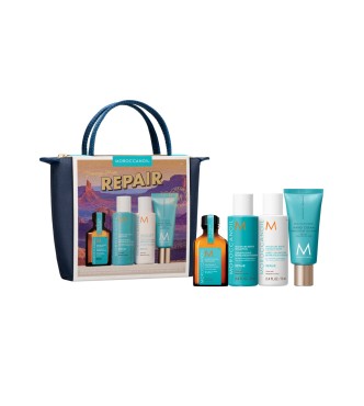 Moisture Repair Shampoo & Conditioner fortifies damaged hair with antioxidant-rich argan oil, keratin proteins, and fatty acids to restore elasticity and strength. Moroccanoil Treatment boosts shine and fights frizz. The complimentary Hand Cream Fragrance