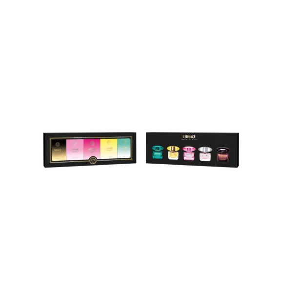 Discover five Versace amazing fragrances for Her through this fantastic set of miniatures. The set includes a 5 ml version of Crystal Noir EDP, Bright Crystal EDT,
 Bright Crystal Absolu EDP,  Yellow Diamond EDT and Crystal Emerald EDP.