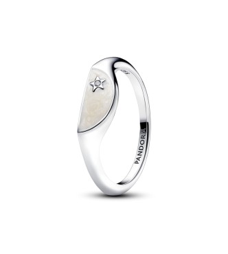 193325C01-48 Halved signet sterling silver ring with clear cubic zirconia and shimmering white enamel
