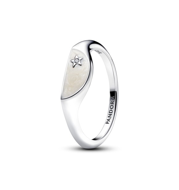 193325C01-52 Halved signet sterling silver ring with clear cubic zirconia and shimmering white enamel