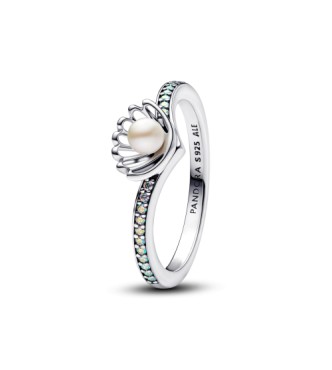 193654C01-56 Disney Ariel sterling silver ring with treated white freshwater cultured pearl and aurora borealis clear cubic zirconia
