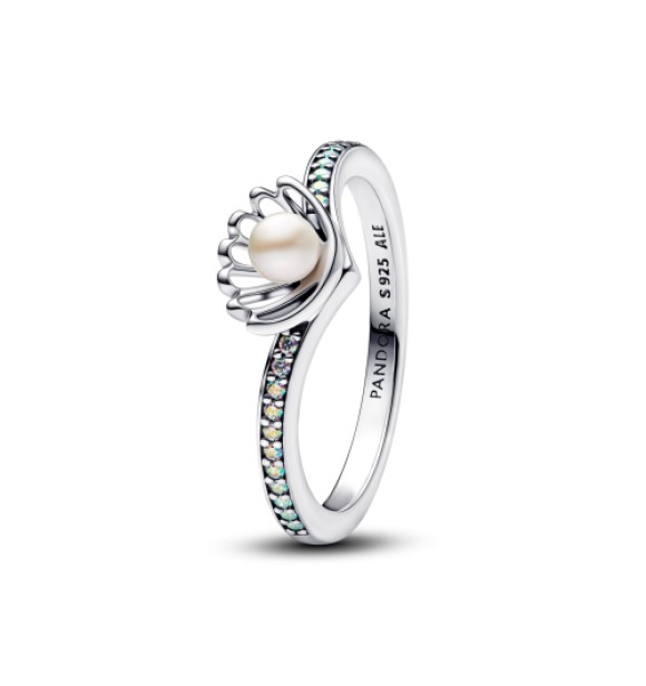 193654C01-50 Disney Ariel sterling silver ring with treated white freshwater cultured pearl and aurora borealis clear cubic zirconia