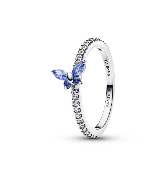 194269C01-52 Butterfly sterling silver ring with cornflower blue crystal and clear cubic zirconia