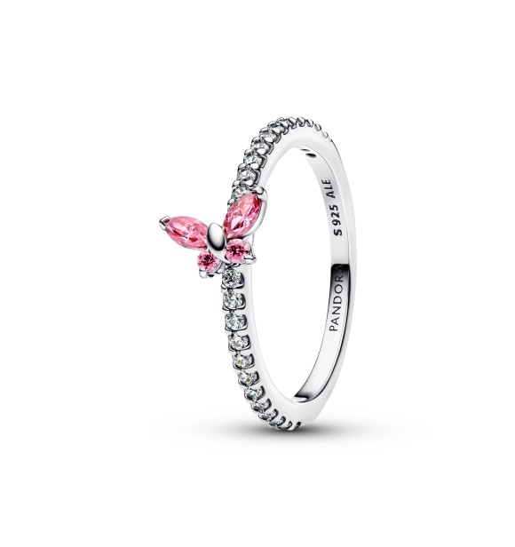 194269C02-54 Butterfly sterling silver ring with fancy pink and clear cubic zirconia