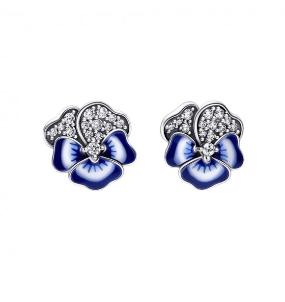 Pansy sterling silver stud earrings with clear cubic zirconia and shaded blue and white enamel
