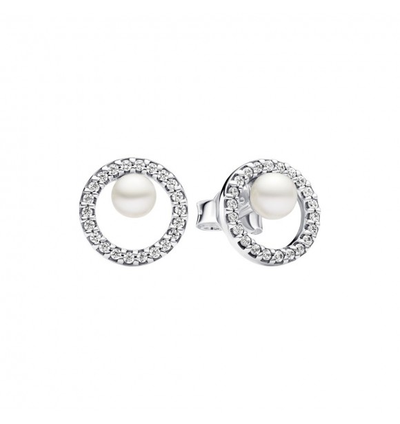 PANDORA 293154C01 Aretes de plata de ley con perla cultivada de agua dulce tratada en color blanco y circonita cúbica transparente