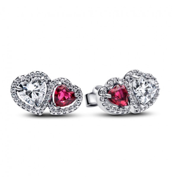 PANDORA 293633C01 Aretes de corazones en plata de ley con cristales rojos Jubilee de cerezas y circonitas cúbicas transparentes