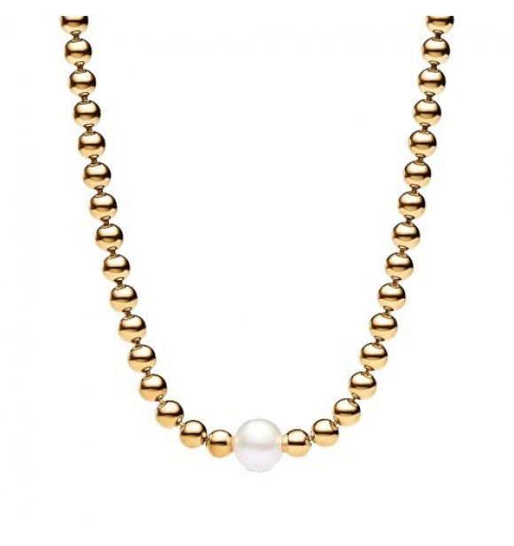 PANDORA 363176C01-45 Collar chapado en oro de 14 quilates con perla cultivada de agua dulce tratada en color blanco y circonita cúbica.