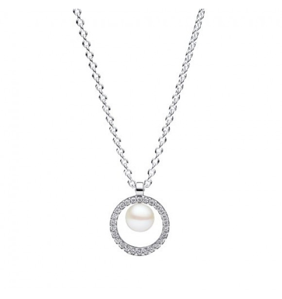 PANDORA 393165C01-45 Collar de plata de primera ley con perla cultivada de agua dulce tratada en color blanco y circonita cúbica transparente.
