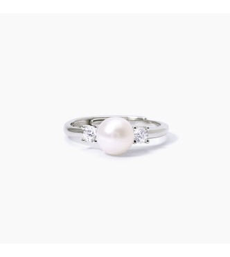 Anillo de plata 925 rodiada con perla cultivada 6,5-7 mm y circonitas blancas 3 mm,
 talla regulable de 11 a 19