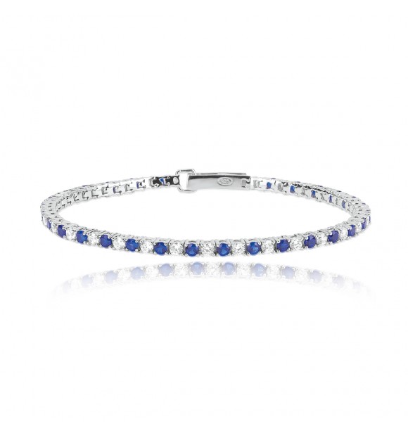 Pulsera tenis de plata 925 rodiada con zafiro sintético 2,
50 mm y circonitas blancas 2,50 mm talla M, longitud 18 cm