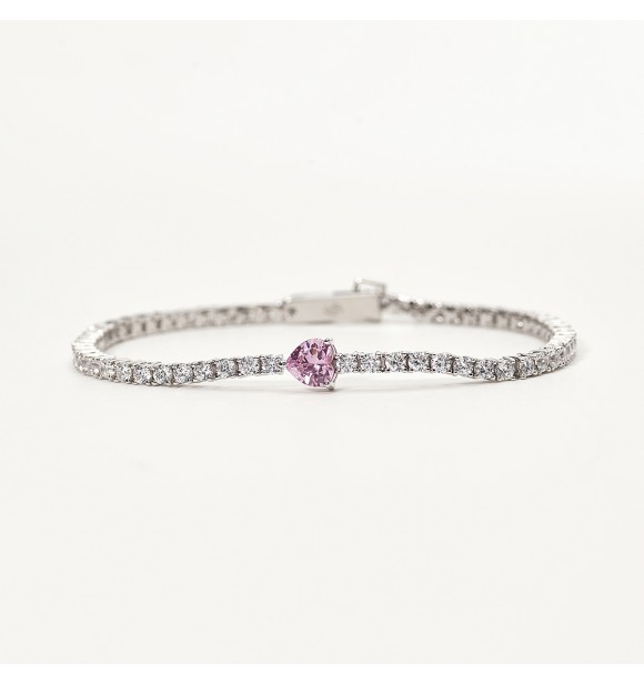 Pulsera de plata 925 rodiada, ancho 2,80 mm,
 talla M, largo 18 cm con circonitas blancas 2,50 mm y circonita talla corazón 6x6 mm