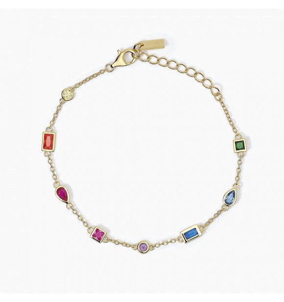 Pulsera de plata dorada 925 con circonitas multicolores,
 largo ajustable de 16 a 19 cm