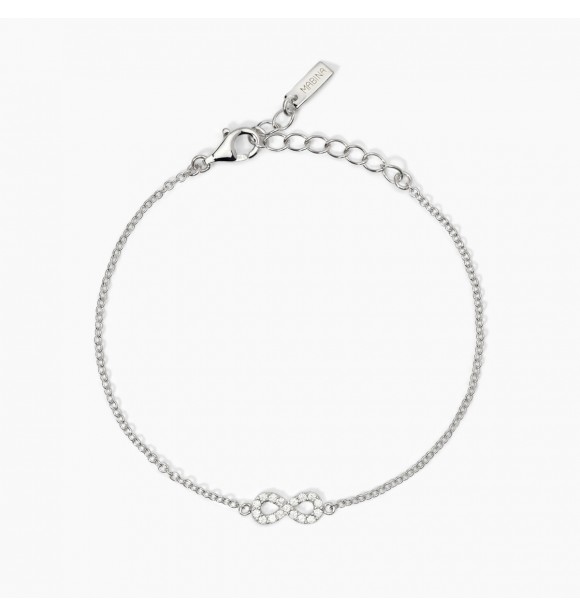 Pulsera de plata 925 rodiada con cadena forzatina de 1,
5 mm, elemento infinito de 10,5x5 mm y circonitas blancas 1,25 mm, largo regulable de 16 a 19 cm