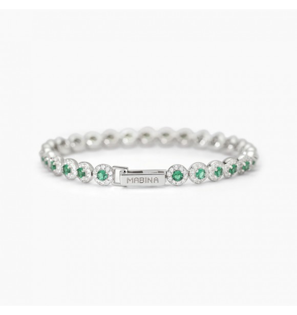 Pulsera tenis de plata 925 rodiada con esmeraldas sintéticas 3 mm y circonitas blancas 1,
25 mm, longitud 18 cm