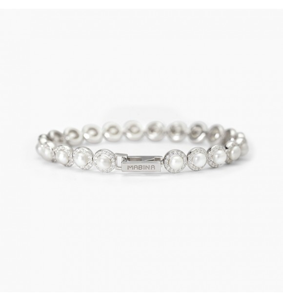 Pulsera Tennis de plata 925 rodiada con perlas cultivadas tipo botón 4,
5-5 mm y circonitas blancas 1,25 mm, longitud 18 cm
