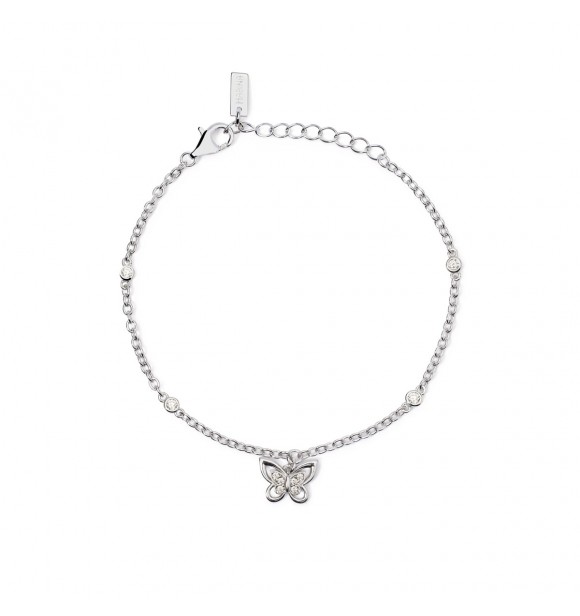 Pulsera de plata 925 rodiada con cadena forzatina de 2 mm,
 colgante mariposa de 10,5x8 mm y circonitas 2 y 1,25 mm, largo regulable de 16 a 19 cm