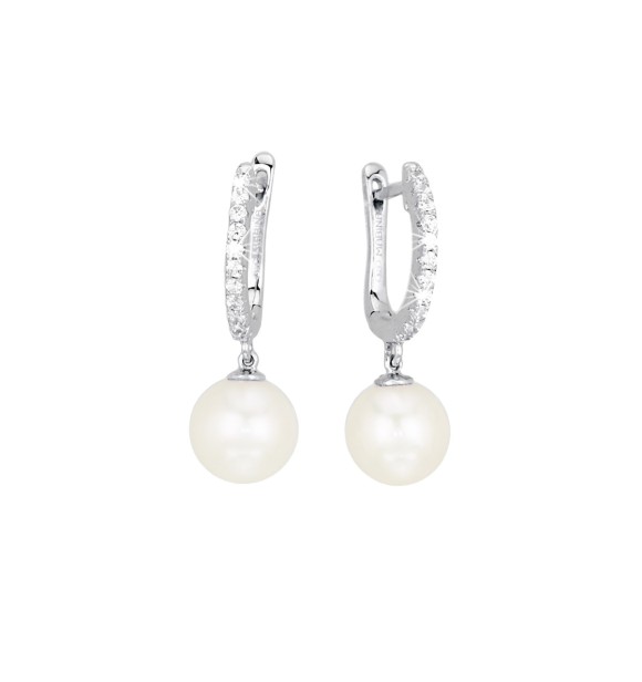 Pendientes de plata 925 con perlas 7,5-8 mm y circonitas,
 exterior 15 mm, longitud 3 cm