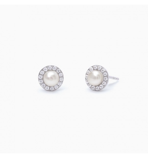 Pendientes de plata 925 rodiada con perlas cultivadas tipo botón de 4,
5-5 mm y circonitas blancas 1,25 mm
