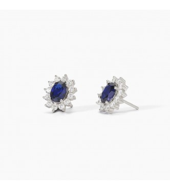 Pendientes de plata 925 rodiada con zafiro sintético talla ovalada 5x7 mm y circonitas blancas 2 mm