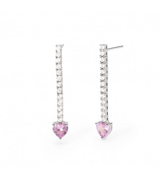 Pendientes tenis de plata 925 rodiada con circonitas blancas 2 mm y talla corazón rosa 6x6 mm,
 largo total del pendiente 3,7 cm