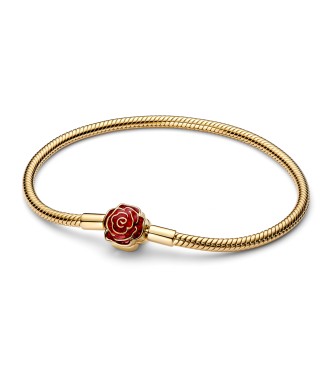 564019C01-17 Disney Beauty & The Beast snake chain 14k gold-plated bracelet with rose clasp and holo glittery red enamel