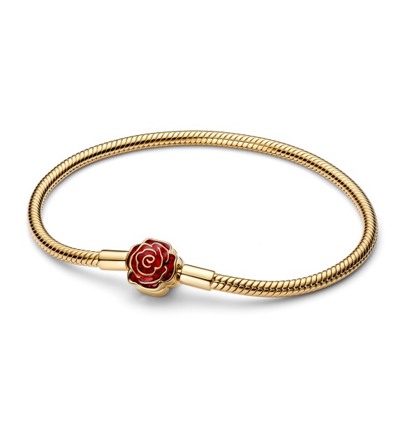 564019C01-17 Disney Beauty & The Beast snake chain 14k gold-plated bracelet with rose clasp and holo glittery red enamel