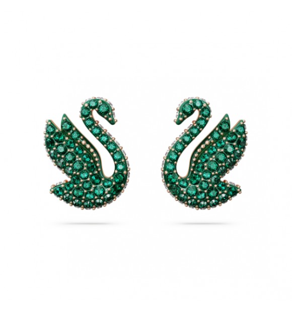 SWAROVSKI PENDIENTES ICONIC SWAN VERDES BAÑO TONO ORO ROSA