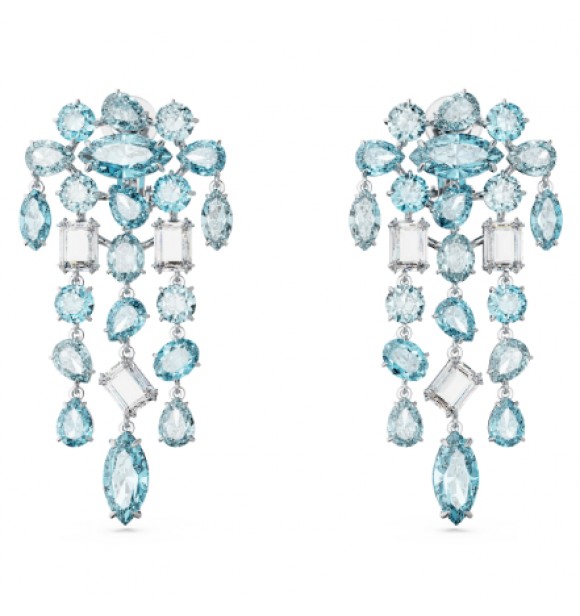 SWAROVSKI PENDIENTES GEMA TALLAS MIXTAS CANDELABRO EXTRALARGOS AZULES BAÑO DE RODIO