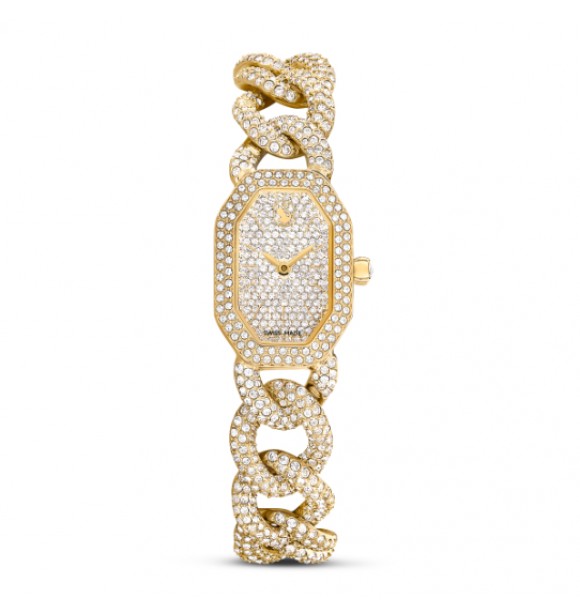 SWAROVSKI RELOJ DEXTERA CHAIN, FABRICADO EN SUIZA,
 PULSERA DE CRISTAL, TONO DURADO Y ACABADO TONO ORO