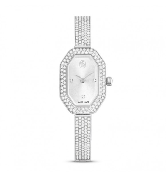 SWAROVSKI RELOJ DEXTERA BANGLE, FABRICADO EN SUIZA, BRAZALETE DE METAL, TONO PLATEADO, ACERO INOXIDABLE