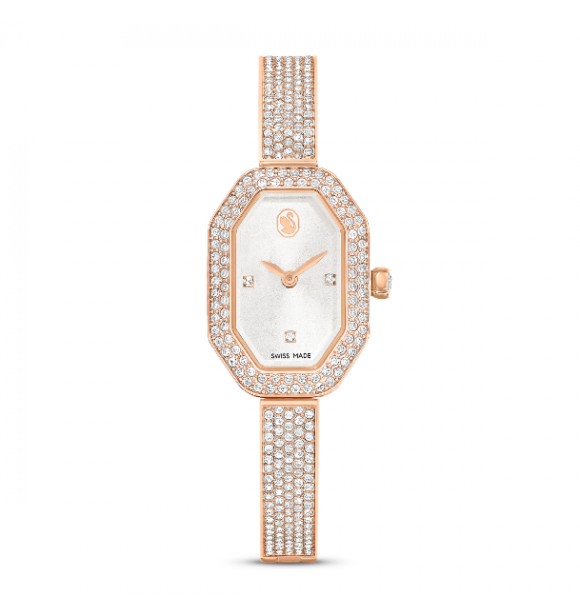 SWAROVSKI RELOJ DEXTERA BANGLE, FABRICADO EN SUIZA,
 BRAZALETE DE METAL, TONO ORO ROSA