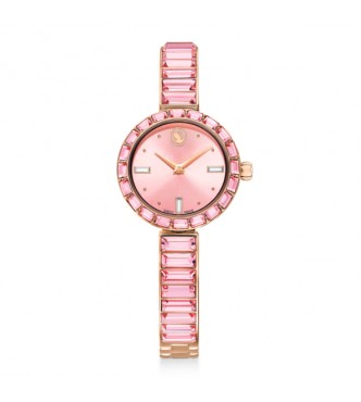 SWAROVSKI RELOJ MATRIX BANGLE, FABRICADO EN SUIZA,
 PULERSA DE CRISTAL ROSA, ACABADO TONO ORO ROSA