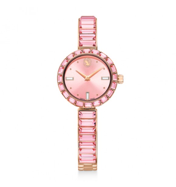 SWAROVSKI RELOJ MATRIX BANGLE, FABRICADO EN SUIZA,
 PULERSA DE CRISTAL ROSA, ACABADO TONO ORO ROSA