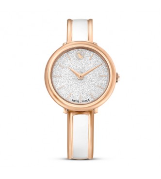 SWAROVSKI RELOJ CRYSTALLINE BANGLE,
 FABRICADO EN SUIZA, BRAZALETE DE METAL BLANCO, ACABADO TONO ORO ROSA