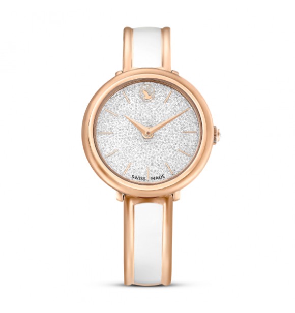 SWAROVSKI RELOJ CRYSTALLINE BANGLE,
 FABRICADO EN SUIZA, BRAZALETE DE METAL BLANCO, ACABADO TONO ORO ROSA
