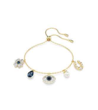 SWAROVSKI PULSERA SYMBOLICA, PERLA DE CRISTAL,
 TREBOL, OJO TURCO Y HERRADURA AZUL, BAÑO TONO ORO